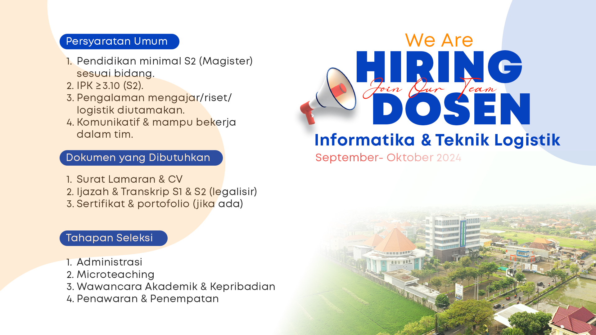 Lowongan Dosen S2 di Institut Teknologi Insan Cendekia Mandiri untuk Program Studi Informatika dan Teknik Logistik. Periode rekrutmen September – Oktober 2024.